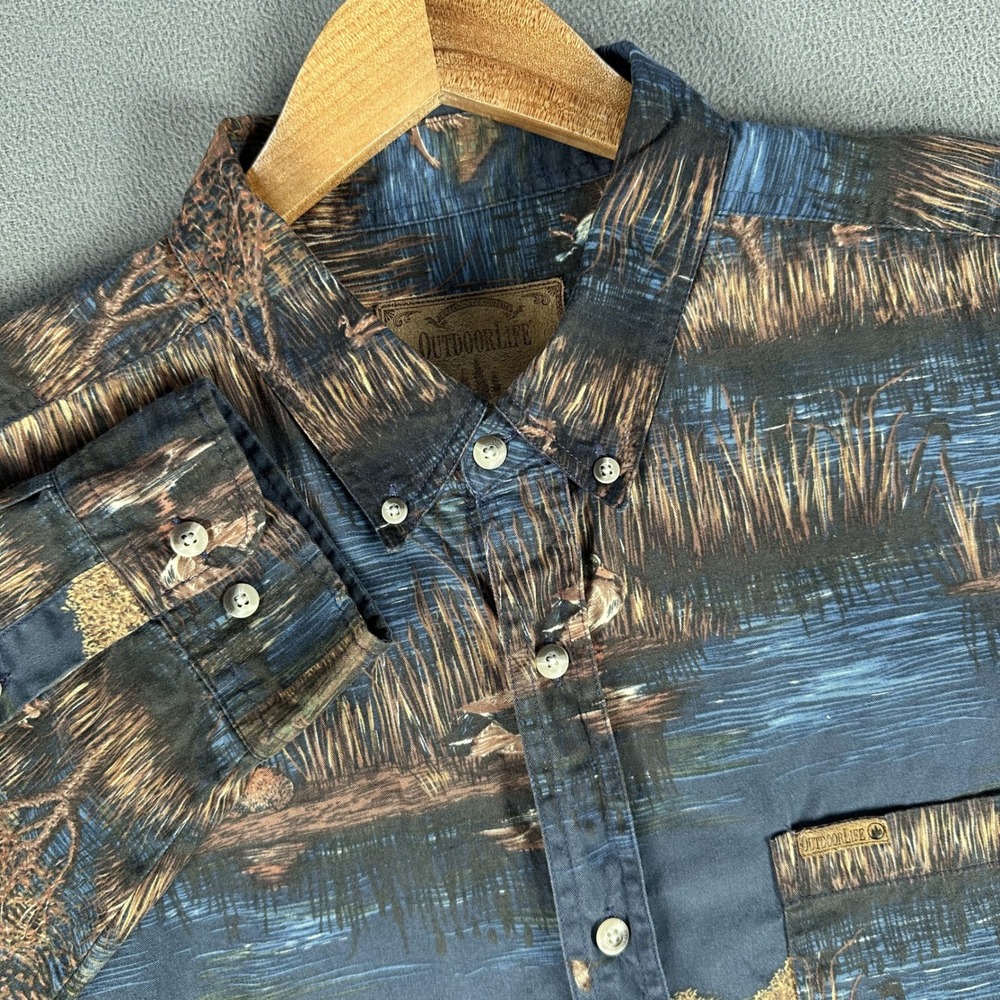 Outdoor‎ Life Shirt XL Blue Duck Mallard Marsh Waterfowl Hunting All Over Nature